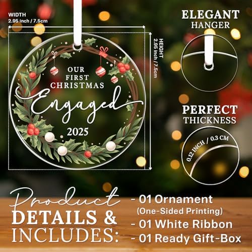 HEXMOZ Engagement Gifts for Couples - Engagement Gift for Women, Fiance, Her, Bride to Be, Newly Engaged Couples - First Christmas Engaged Acrylic Ornament 2025 - Party Decorations