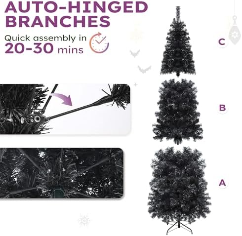 YITAHOME Pre-Lit Black Pencil Halloween Christmas Tree 7.5ft w/Remote, Black Slim Artificial Christmas Tree, Prelit Pencil Christmas Tree w/ 350 LED Lights & 1000 Branch Tips | Holiday Decor