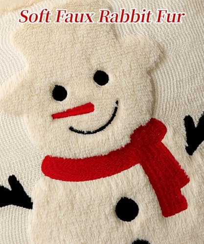 Christmas Pillow Covers 18x18 Set of 2 Decorative Soft Plush Faux Rabbit Fur Christmas Snowman Pillow Covers Beige 3D Embroidered Couch Cover Sofa Bedroom Living Room Holiday Winter Home Decor