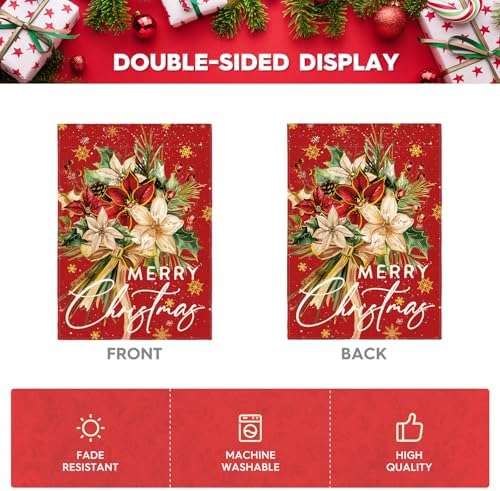 AVOIN colorlife Floral Merry Christmas House Flag 28x40 Inch Double Sided Outside, Christmas Flowers Winter Holiday Yard Outdoor Decorative Flag