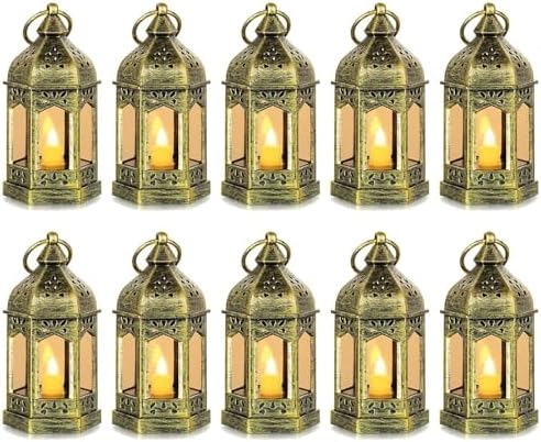 Mini Lantern with Flickering LED Candles Set of 10, Hewory Gold Vintage Decorative Hanging Candle Lanterns for Halloween, Christmas, Wedding Decorations, Party, Table Centerpiece, Battery Included