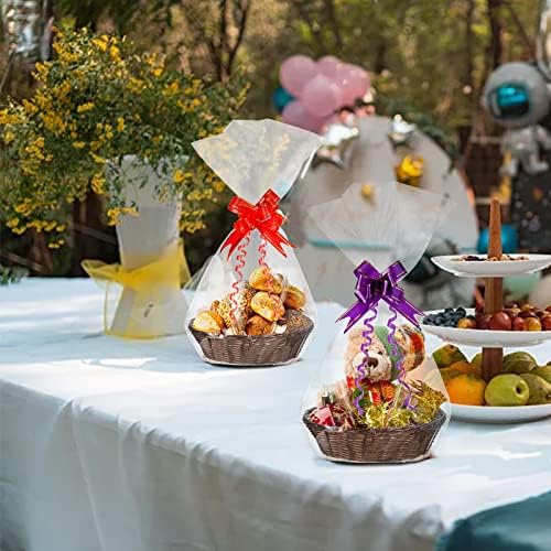 Yesland 16 Pcs Plastic Oval Basket for Gifts Empty, Small Bread Basket Food Storage Baskets with Clear Gift Bags and Colorful Pull Bows, 9 X 6 X 2.5 Inches Bin for Kitchen Restaurant Christmas