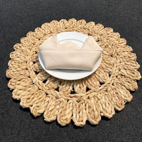 13.8" Round Corn Husk Placemats | Boho Woven Rattan Table Mats | Natural Spring Farmhouse Plate Chargers | Handmade Rustic Wicker Place Mats for Christmas Wedding (Set of 6)