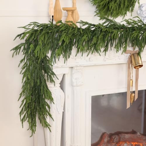 9FT Real Touch Norfolk Pine Garland - Artificial Christmas Garland Fake Green Faux Pine Needles Garland for Table Fireplace Mantle Holiday Home Indoor Outdoor Decor (1PCS)