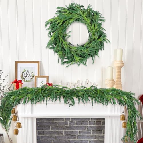 2 Pcs 6 Ft Christmas Norfolk Pine Garlands, Real Touch Faux Pine Garland, Realistic Green Fake Greenery Garland for Christmas Table, Mantle, Wall, Outdoor Holiday Winter Decorations(2, 6 FT)
