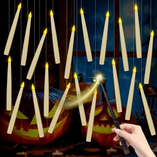 20 Pack Halloween Decorations Floating Candles with Wand,Magic Flameless Candles Flickering Warm Light LED Taper Candles Hanging for Harry Potter Christmas Witch Wizard Wedding Birthday Party Décor