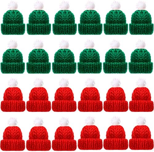 Chuangdi 24 Pieces Mini Knitting Hats Mini Doll Hats for Christmas Ornaments DIY Art and Craft(Green, Red)