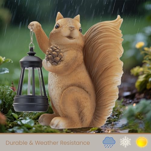 Solar Squirrel Garden Statue Outdoor Decor, Squirrel Sculpture with Lantern for Yard Lawn Patio Balcony, Christmas Birthday Housewarming Gifts for Mom, Grandma, Women, Brown,Resin