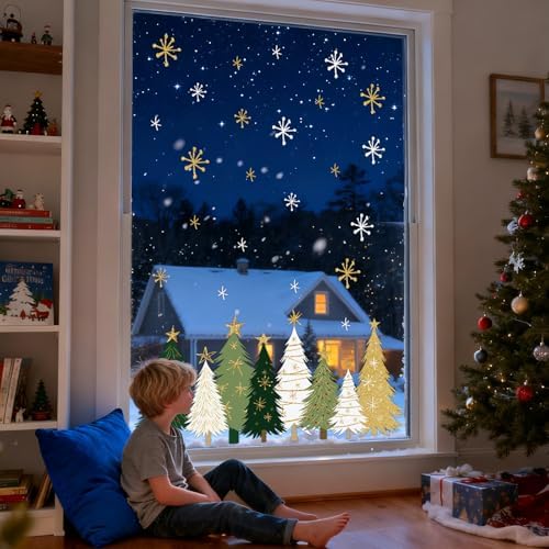 Whaline 9 Sheets Christmas Window Clings Window Decals White Green Gold Xmas Tree Snowflake Reusable Anti-Collision Windows Decor for Winter Home Glass Mirror Decor