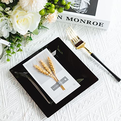100 Pack Black Plastic Square Dessert Plates, 6.5" Disposable Salad Plates Heavy Duty Plates for Party, Wedding, Christmas, Easter