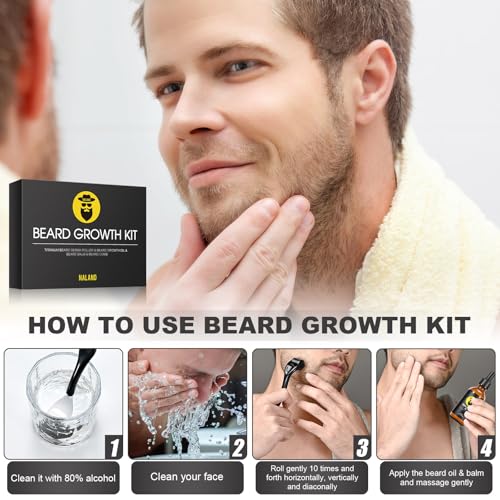 Beard Growth Kit - Beard Kit for Men with Beard Growth Oil (2oz), Beard Balm, Beard Comb, Massager for Spot/Patchy Beard - Christmas, Anniversary, Birthday for Men, Dad, Husband, Boyfriend