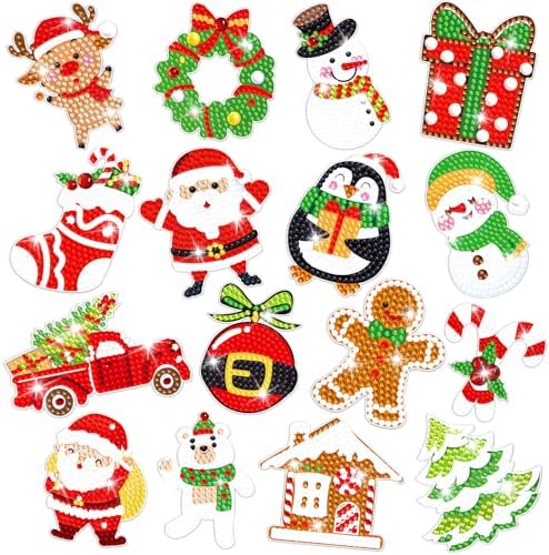16Pcs Christmas Magnet Diamond Art Painting for Refrigerator DIY Diamond Fridge Magnet Stickers Christmas Tree Penguin Snowflake Gnome Magnetic Car Magnets Garage Door Decoration for Holiday