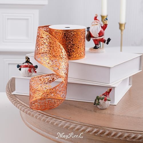 MAYREEL 2.5 Inch Orange Mesh Wired Halloween Ribbon Metallic Sequin Glitter Web for Christmas Tree Gift Wrapping Crafts Topper Bows Wreaths Holiday Decor Garland 10 Yards