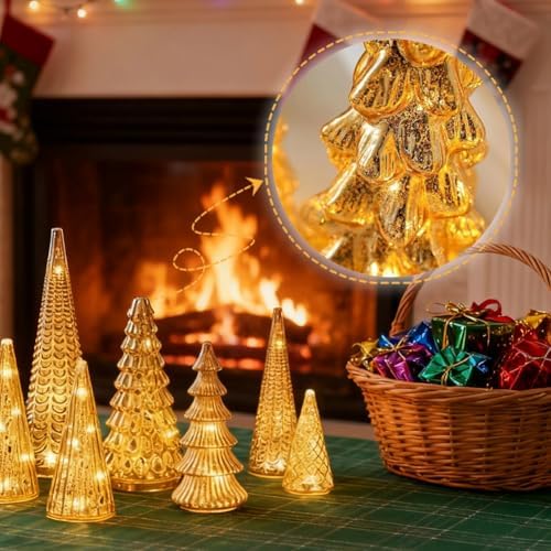 Set of 5 Illuminated Mercury Glass Trees - Upgrade Mercury Glass Christmas Trees with LED Lighted Tabletop Decor, Crackled Mercury GlassTrees for Xmas Home Party Centerpiece Tabletop Mantel (Gold)