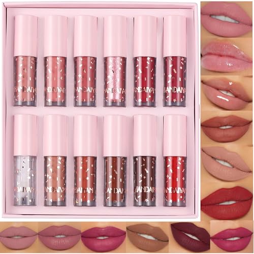 12 Colors Book Style Velvet Matte Liquid Lipstick Christmas Gift Set Long-Lasting Non-Stick Cup Not Fade Shimmer Nude Lip Gloss Thanks For the Love Lip Set (Set C)