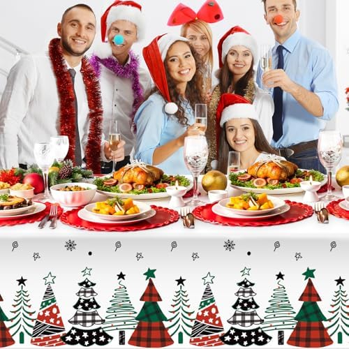 3 Pack Christmas Tablecloth, Disposable Plastic Xmas Table Cover 54 x 108 Inch Rectangular, Buffalo Plaid Table Cloth, Party Supplies for Holiday