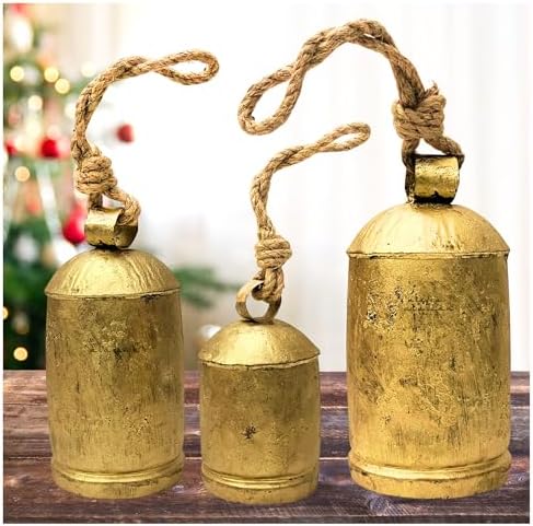 Giant Decorative Cow Bells Set of 3 Huge Christmas Bells for Decoration - XL Vintage Harmony Cowbells Rustic on Jute Rope Hanging Gold Tibetan Lucky Charm (6"-8"-10")