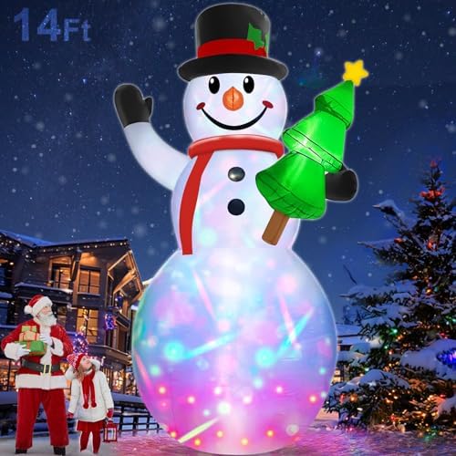 14 Ft by 7.5 Ft Large Christmas Inflatables Snowman Outdoor Decorations Build-in Rotating Colorful Light, Huge Snowman Inflatable with Christmas Tree & Hat Blow Up Yard Decor for Lawn Garden Outside