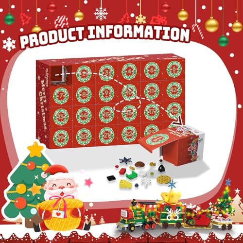 Advent Calendar 2025 Train Building Blocks Set, 24 Days Surprise Christmas Countdown Calendars Toy Building Blocks Kits Christmas Train with LED Light, Thanksgiving Xmas Gifts for Adults Men Women, Boys, Girls, Teens & Adults Ages 6+
