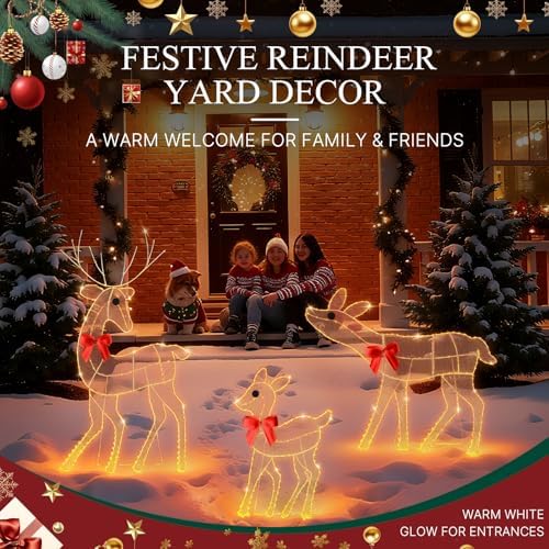 [3-Piece Reindeer Christmas Decorations Outdoor] 2D Lighted Deer Family with 260 LED Light. Durable Yard Lawn Holiday Decor, Outdoor Lighted Holiday Display for Yard Lawn Garden-White