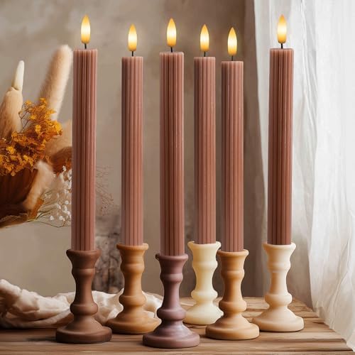 12 Pack, 10" LED Flameless Brown Tan Fluted Ribbed Grooved Taper Candles w/ 2 Remotes & 24h Timer Memory, On/Off Button, Dimmable, Flicker Mode, Battery Operated, Christmas Menorah Wedding