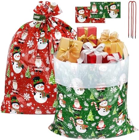 2 Pcs Large Christmas Gift Bags 44" X 36", Oversized Xmas Gift Sack with Tag & Tie, Jumbo Giant Plastic Santa Bag for Wrapping Huge Presents Christmas, Birthday, Party, Baby Shower