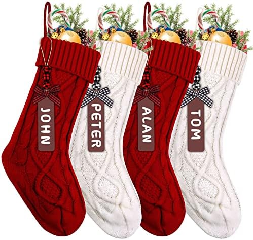 XIMISHOP 4PCS Christmas Stockings, 18inch Large Personalized Cable Knitted Xmas Hanging Stocking Decorations with Name Tags for Holiday Christmas Party Family Decor (Red and White)