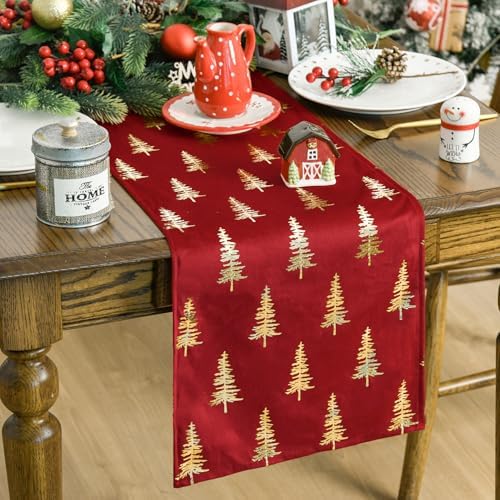 Artoid Mode Christmas Tree Red Dutch Fleece Table Runner, Glitter Metallic Foil Holiday Kitchen Dining Table Decoration for Home Party Decor 13x72 Inch