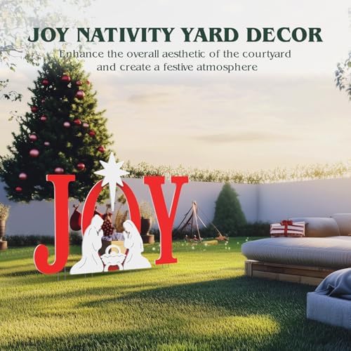 FUNNGO Joy Christmas Nativity Decorations Outdoor - 42 inch Red Nativity Scene Yard Sign Set Built with Weather Resistant & Durable PVC Silhouettes for Yard, Patio, Lawn