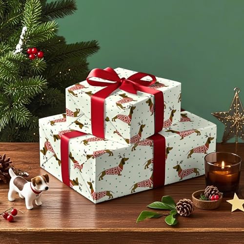 WRAPAHOLIC Dog Christmas Wrapping Paper - Mini Roll - 17 Inch x 16.5 Feet - Chritsmas Dachshund Dog Wrapping Paper for Xmas Holiday, Party Celebration