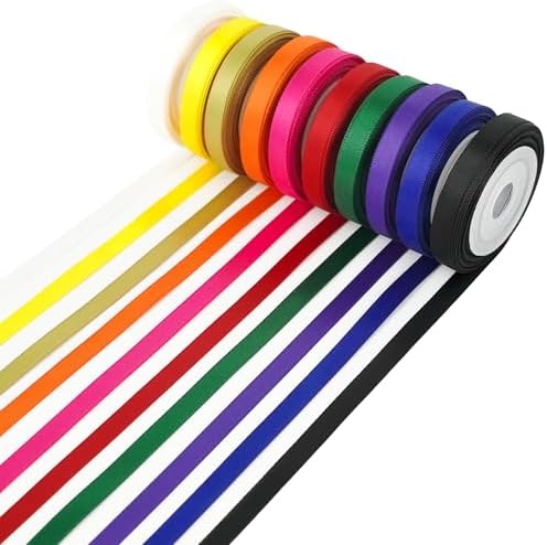 MEEDEE Rainbow Ribbon Set Solid Color Assortment 10 Colors Double Faced Satin Ribbon for Gift Wrapping Double Sided Christmas Ribbon Party Decorations, 1/4" X 5 Yard Each Total 50 Yds Per Package