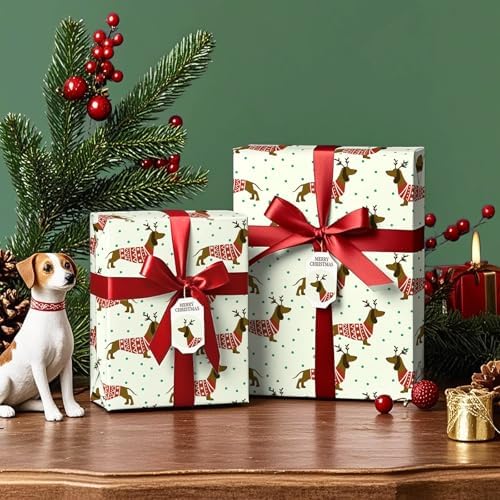 WRAPAHOLIC Dog Christmas Wrapping Paper - Mini Roll - 17 Inch x 16.5 Feet - Chritsmas Dachshund Dog Wrapping Paper for Xmas Holiday, Party Celebration