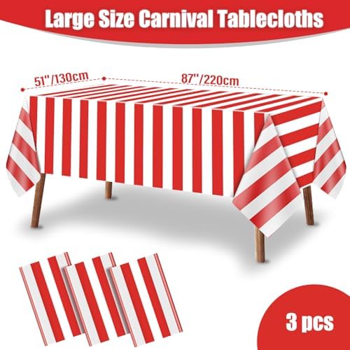 Carnival Theme Party Decorations Tablecloths, Circus Plastic Table Covers Rectangle Disposable Red and White Striped Tablecloth Supplies for Kids Birthday Movie Night Christmas, 87'' x 51'', 3pcs