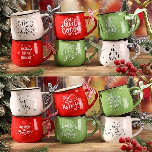 Zubebe Christmas Coffee Mugs Set of 12, 12 oz Hot Cocoa Ceramic Holiday Mugs Set for Mom, Woman, Family, Friend - Farmhouse Tiered Tray Decor, Coffee Bar Decor(Red, Green, White)