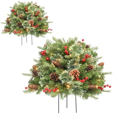 Christmas Planter Filler Tree Outdoor Prelit 2 Pack, 24" Urn Fillers for Porch Planters Pathway Battery Operated Light Red Berry Pine Cone, Xmas Greenery Outside Decorations
