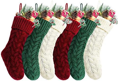 18 Inches Burgundy, Ivory, Green Knitted Christmas Stockings,6 Pack