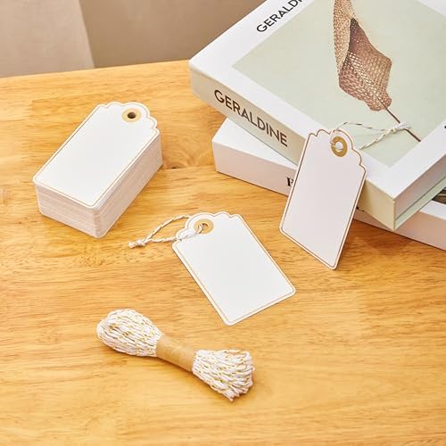 100 PCS 3.5 x 2 inches White Paper Gift Tags with String for Christmas by SUNCOLOR