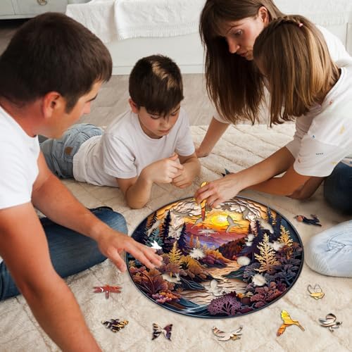 Wooden Puzzles for Adults - Unique Animal Shaped Sunset Forest Puzzle, 3D Vision Wooden Jigsaw Puzzle, Christmas Birthday Gifts for Friends/Family, Home Decor 8.5 * 8.5in 100pcs