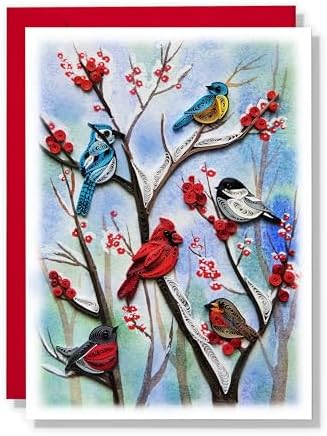 Winter Cardinal and Christmas Card, Quilling Art, Birds and Season Themed, Watercolor Classy Cards for Mom, Women, Wife, Daughter (Birds - Winter Garden)