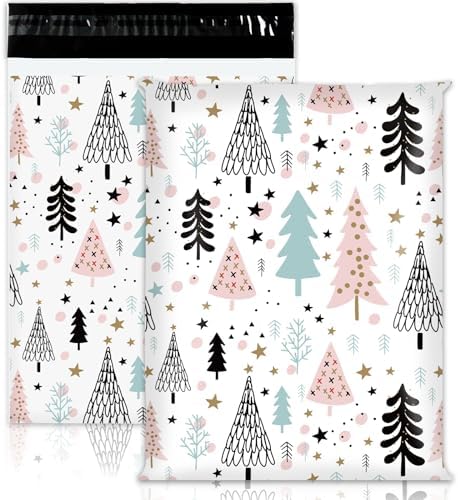 100Pcs Christmas Poly Mailer 10 x 13 Inch Pastel Xmas Tree Packaging Bags Self Seal Mailing Envelope Bags for Winter Small Business Clothing