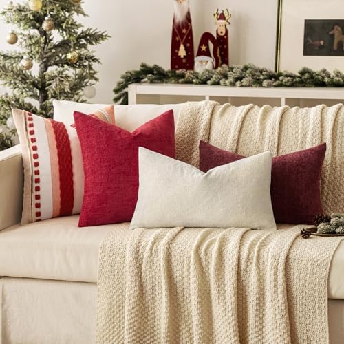 Woaboy Pack of 2 Red Pillow Covers 20x20 Inch Christmas Soft Chenille Couch Throw Pillows Solid Color Cushion Covers Home Decoration for Spring Sofa Living Room