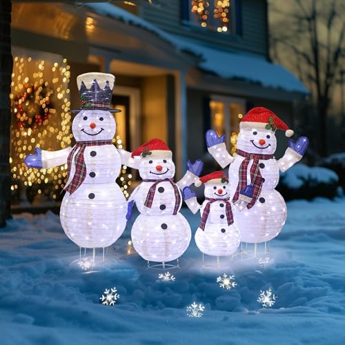 4-Piece 3D Lighted Snowman Family Set Outdoor Christmas Decorations Outdoor Snowman Decorations Collapsible Snowmen Yard Decor for Yard Patio with Weather-Resistant