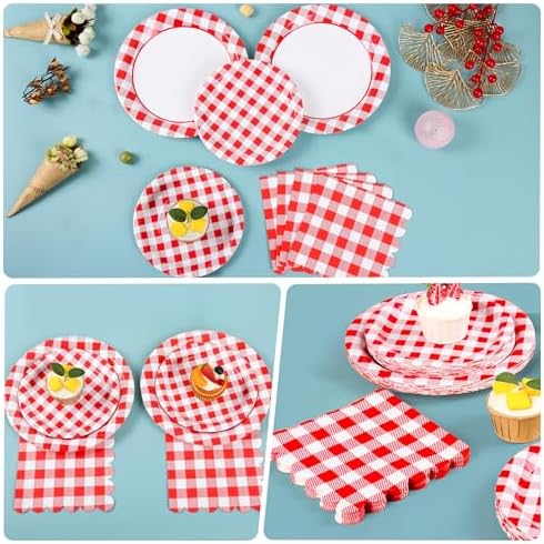 150Pcs Gingham Party Supplies Red Gingham Paper Plates and Napkins Red Plaid Party Plates Disposable Red and White Checkered Plates for Christmas Birthday Family Picnic，Serves 50