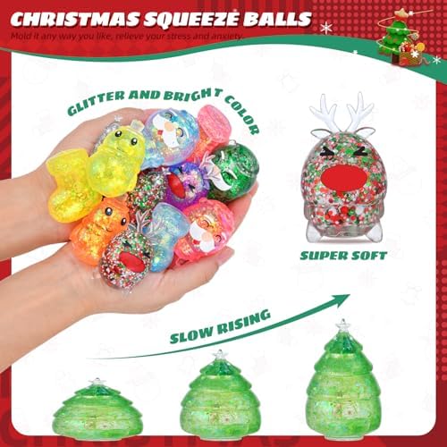 15 Pack Christmas Stress Ball Fidget Toys, Slow Rising Squishy Toys Glitter Squeeze Balls Stress Relief for Kids Girls Boys Christmas Party Favors Stocking Stuffers Fillers Gifts