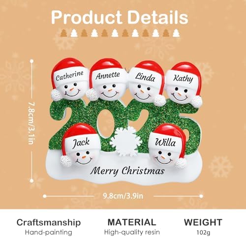 DPDP Personalized Christmas Ornaments 2025 - Family Ornament 2025, Resin Custom Christmas Ornament with Glitter Year, Snowman Xmas Tree Decorations, Customized Names & Text - Family of 5