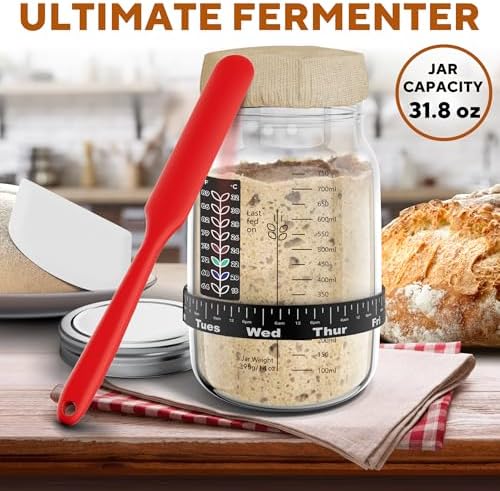 Ultimate Sourdough Starter Jar Kit 31.8 oz - Reusable Jar for Easy Bread Baking - Perfect to Make Your Sour Dough Starter - Easy to Use & Clean - Complete Sourdough Starter Kit - Great Christmas Gift