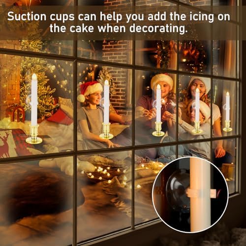12 Pack Christmas Window Candles, Battery Operated Window Candles with Timer Remote, LED Window Candle with Candle Holders Suction Cups for Christmas Decorations, Gold