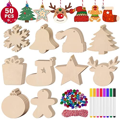 158 Pcs Wooden Christmas Ornaments Unfinished, 50 Pcs Wood Slices in 10 Shape Christmas Crafts with Bells, Twine&Pens DIY Wooden Christmas Ornaments