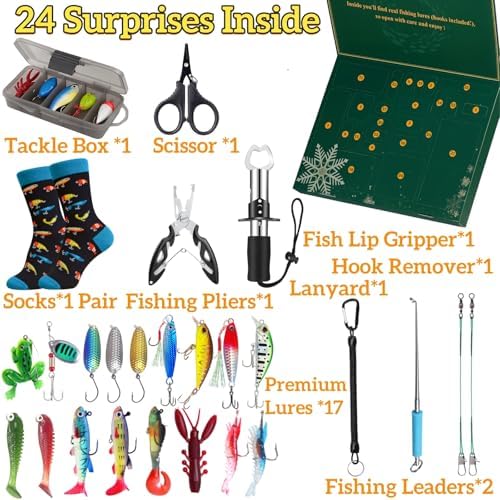 Fishing Advent Calendar 2025 for Men, 24-Day Fishing Tackle Advent Calendar with Lures, Tools, Tackle Box & Holiday Surprises, Christmas Countdown Gift for for Men, Dad, Husband