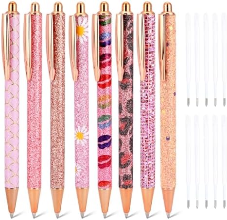 WY WENYUAN 8 Pcs Pink Sparkly Pens for Women - Cute Glitter Ballpoint Pens with 10 Refills, Elegant Girl Pens for Office, School, Christmas & Graduation Gifts (Pink Shimmering)